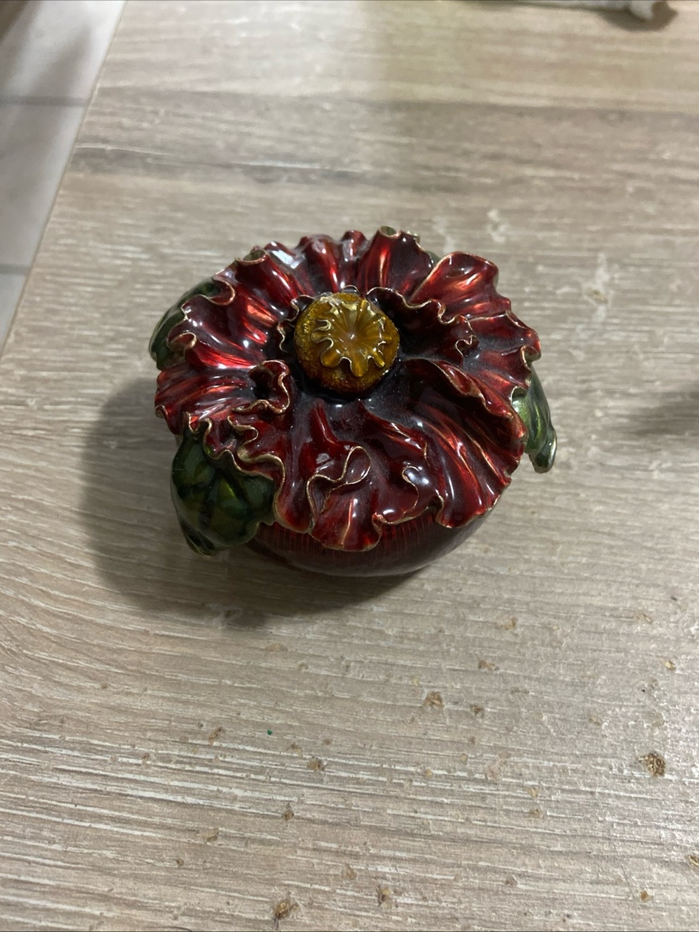 Vintage Decorative Red Ceramic Flower Trinket Box